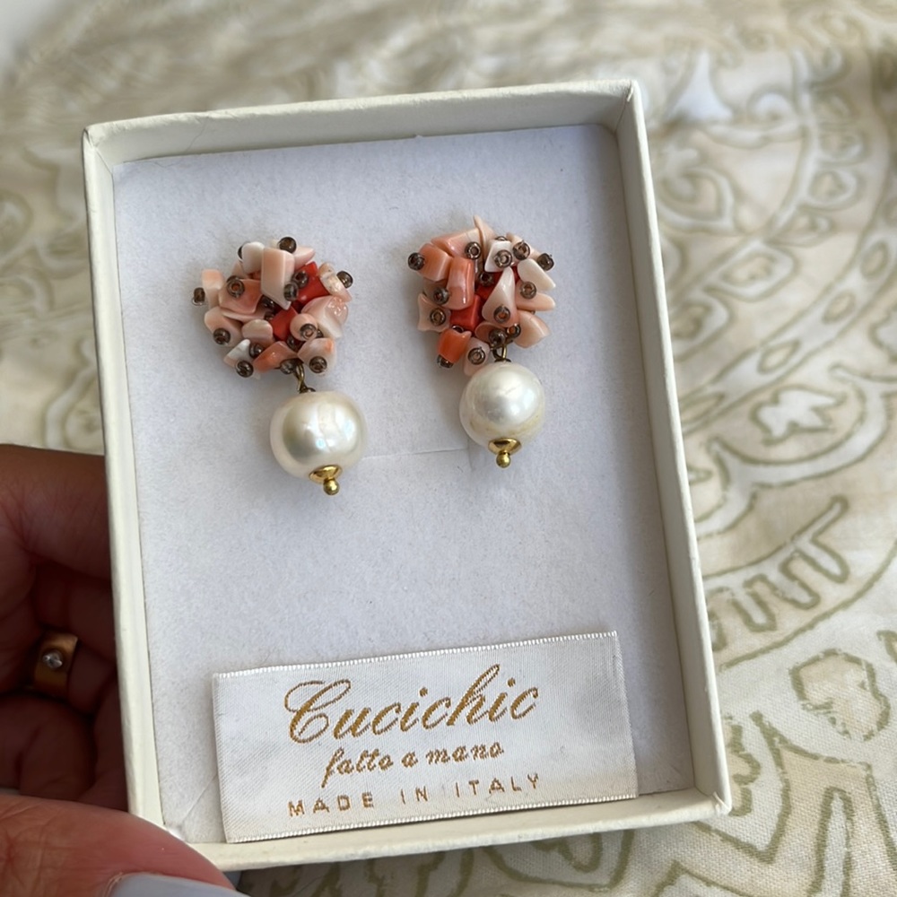 Coral and mother of pearl sterling silver Italian earrings